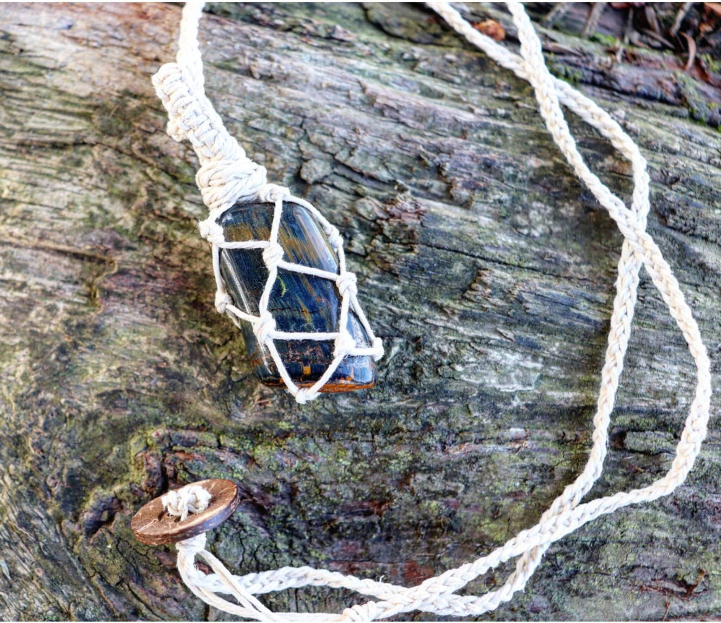 Blue Tigers Eye | White Hemp Wrapped Necklace