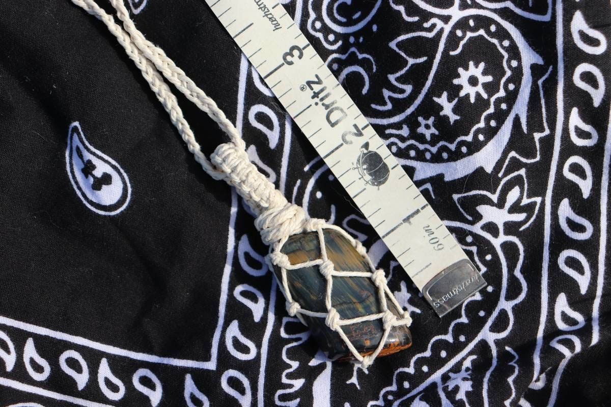 Blue Tigers Eye | White Hemp Wrapped Necklace