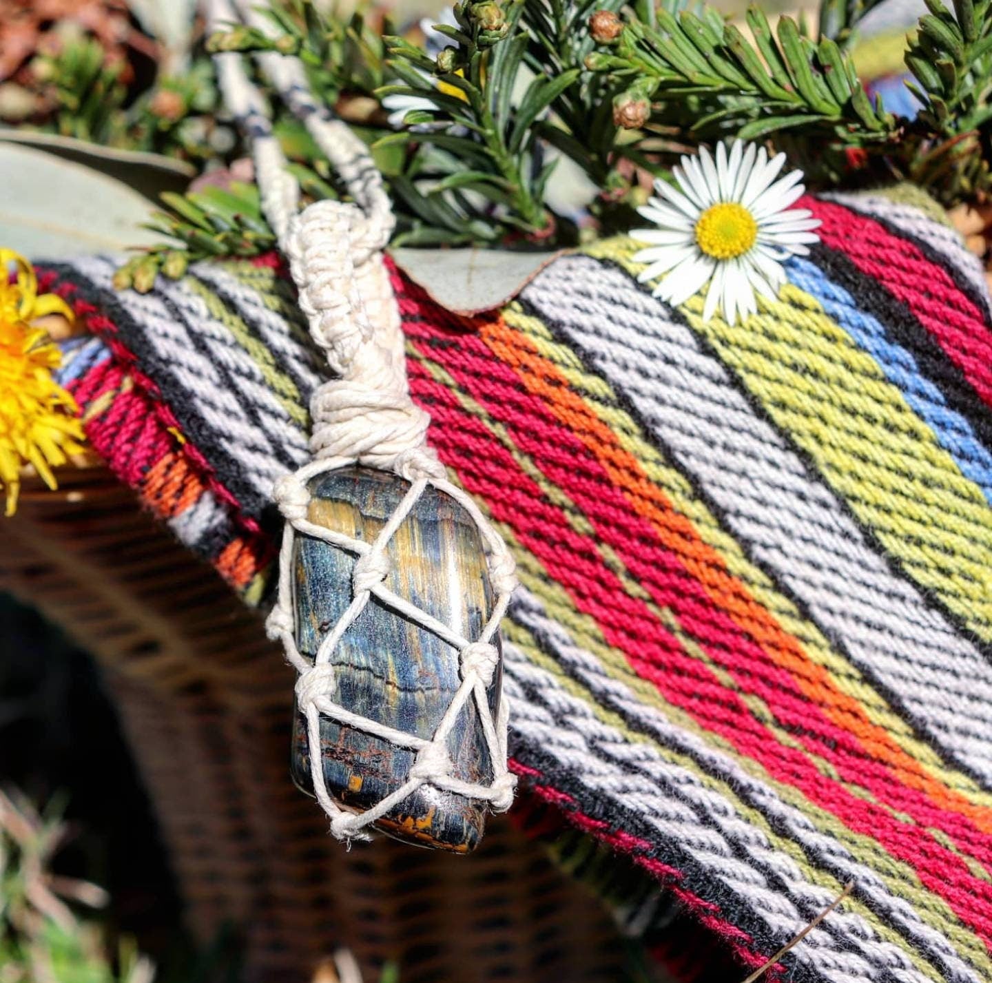 Blue Tigers Eye | White Hemp Wrapped Necklace