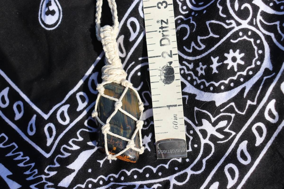 Blue Tigers Eye | White Hemp Wrapped Necklace