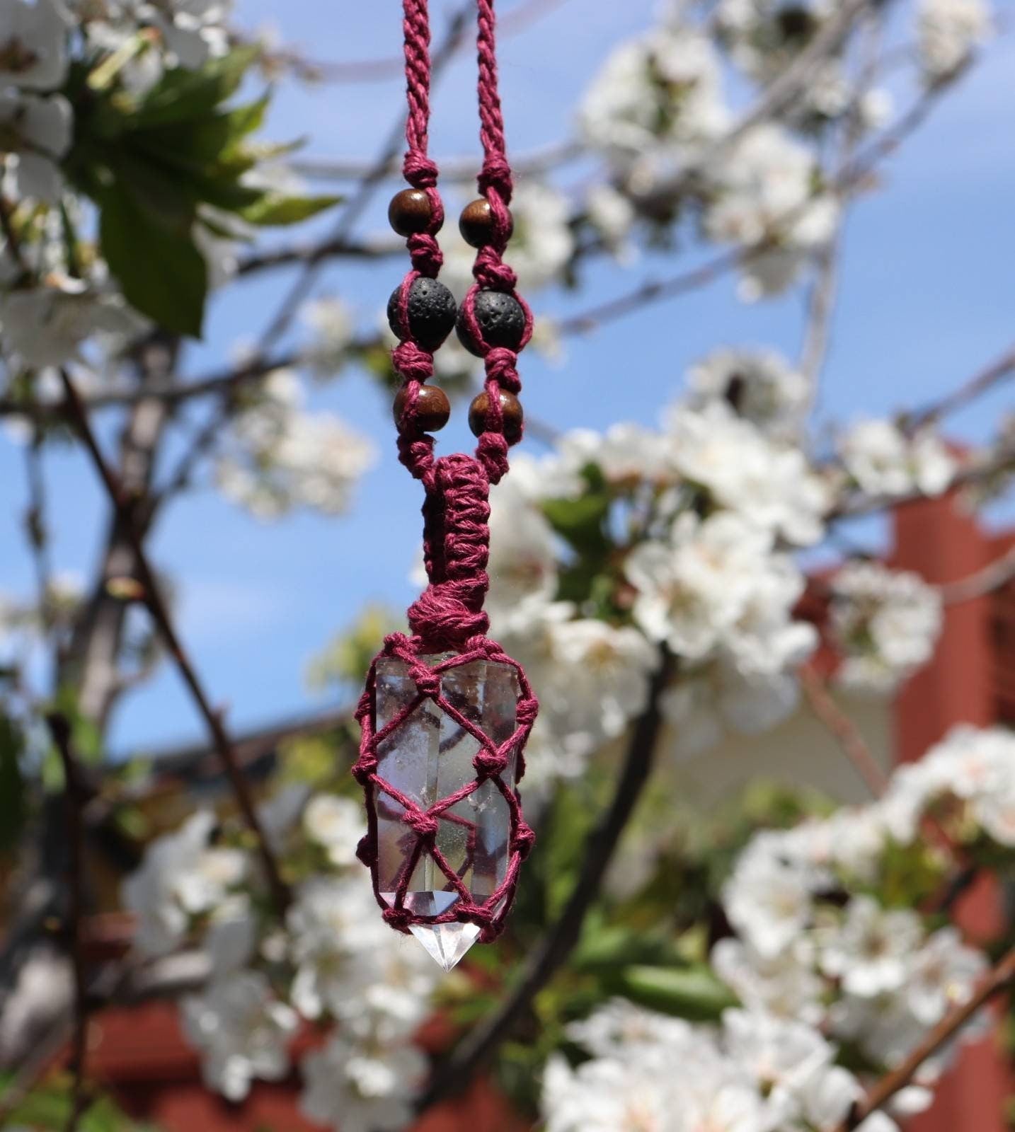 Crystal Quartz | Burgundy Hemp Wrapped Necklace