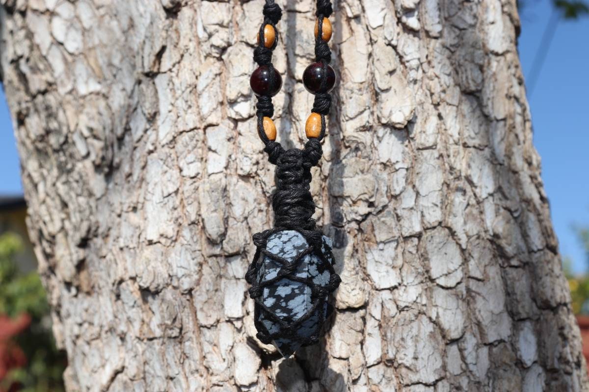 Snowflake Obsidian | Black Hemp Wrapped Necklace