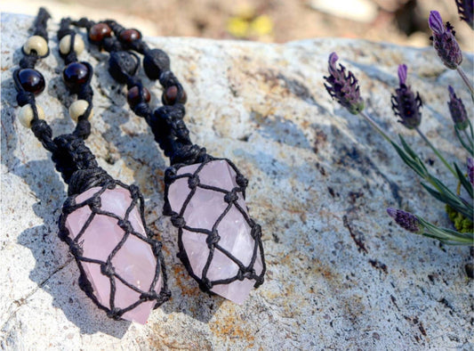 Rose Quartz | Black Hemp Wrapped Necklaces