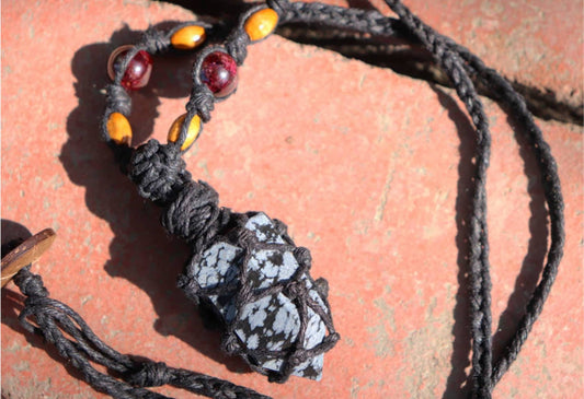 Snowflake Obsidian | Black Hemp Wrapped Necklace