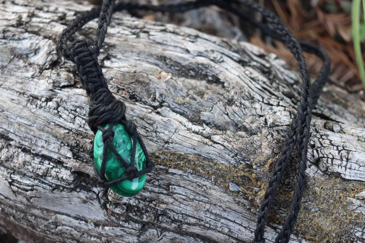 Malachite | Black Hemp Wrapped Necklace