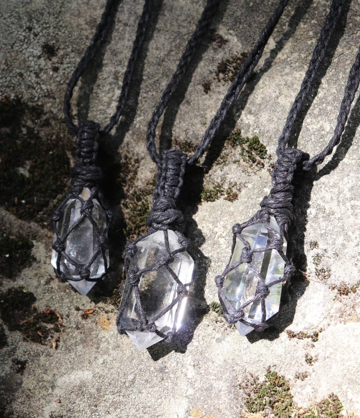 Crystal Quartz | Double Terminated Black Hemp Wrapped Necklaces