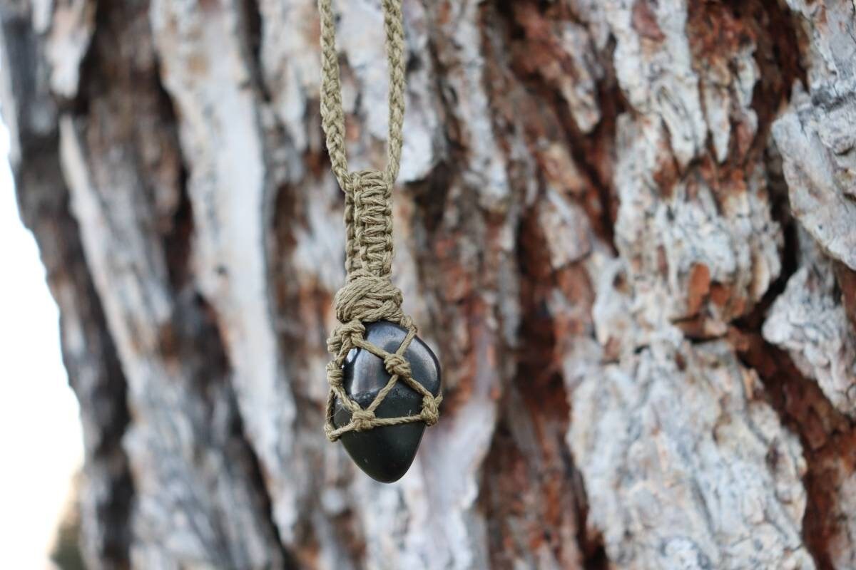 Black Obsidian | Green Hemp Wrapped Necklace