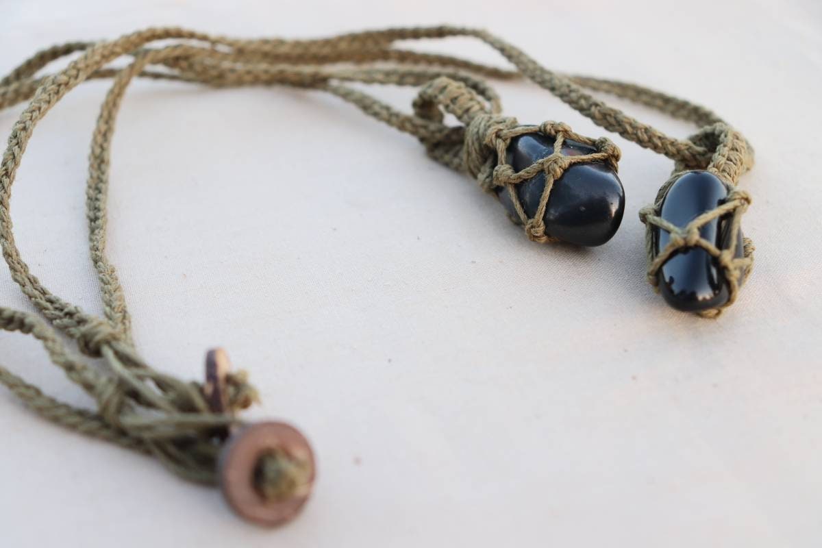 Black Obsidian | Green Hemp Wrapped Necklace