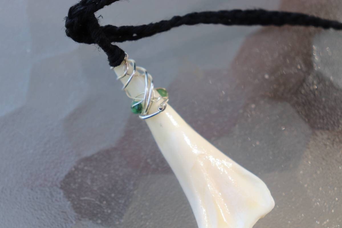 Buffalo Tooth | Silver Wrapped | Emerald Beaded Necklace