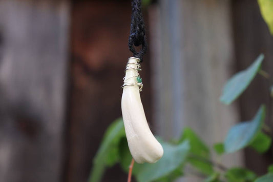 Buffalo Tooth | Silver Wrapped | Emerald Beaded Necklace