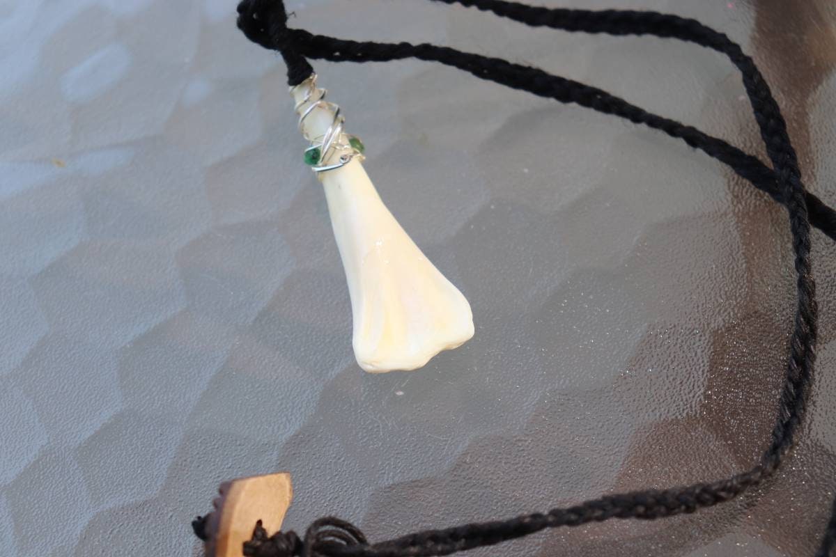 Buffalo Tooth | Silver Wrapped | Emerald Beaded Necklace